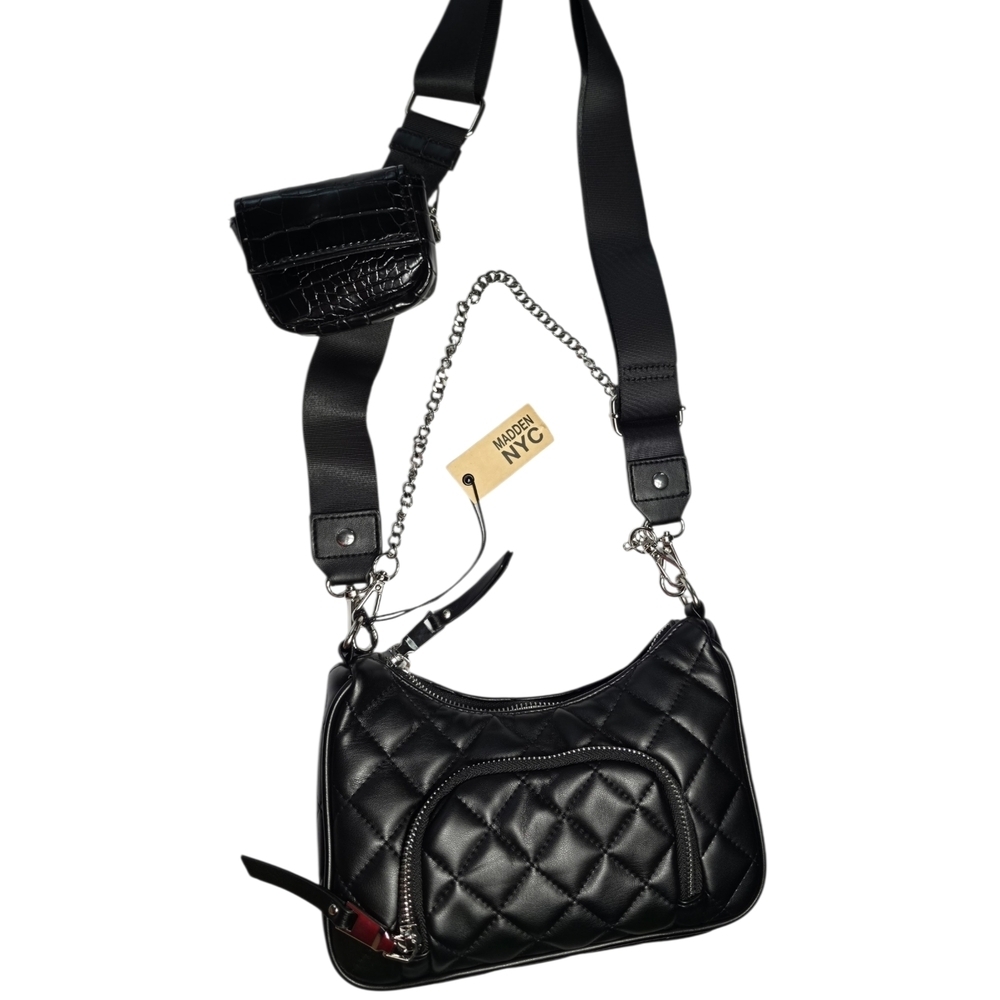 Madden NYC Quilted Black Crossbody Bag NWT Double Pocket Adjustable Strap - Picture 4 of 7